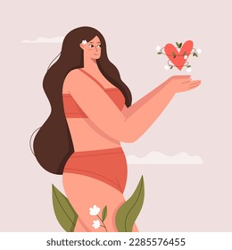 Self care concept with woman hold heart in her hands. Love your body. Body posotive concept. Flat graphic vector illustration.