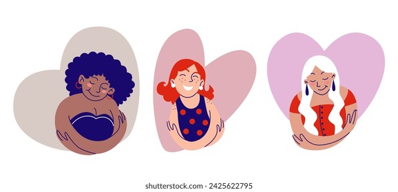 Self care concept with woman hug herself in frame of heart shape. Love and acceptance to yourself. Flat vector illustration set of young girls embrace themselves. Mental health and confidence.