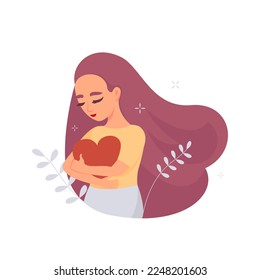 Self care concept. Woman hugging heart, acceptance and self love. Positive psychology, optimism and mental health.