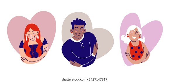 Self care concept with woman, man hug herself in frame of heart shape. Love and acceptance to yourself. Flat vector illustration set young girls, guy embrace themselves. Mental health and confidence