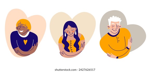 Self care concept with woman, man hug herself in frame of heart shape. Love and acceptance to yourself. Flat vector illustration set young girls, guy embrace themselves. Mental health and confidence