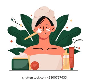 Self care concept. Young girl in towel on her head puts cosmetics on her face. Beauty and spa treatments, hygiene. Woman with creams and lotions. Cartoon flat vector illustration