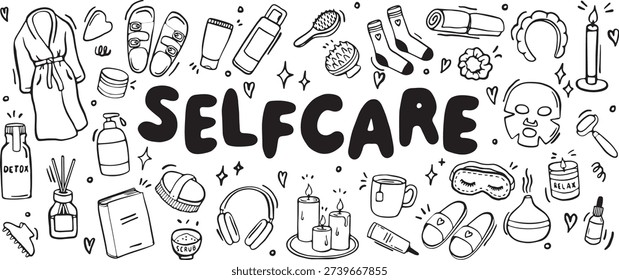 self care doodle set with spa and wellness icons
