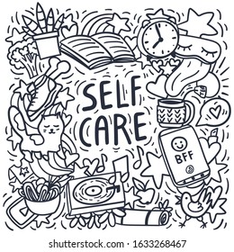 Self care doodles hand drawn vector illustration. Free hand drawing. Cat, house plant, music, health care, good sleep, yoga mat.