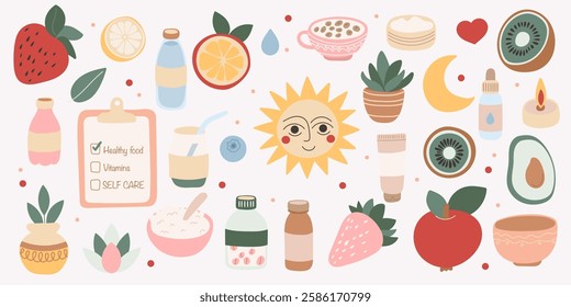 Self care elements set. Balanced and healthy food, fruit, plants, harmony lifestyle. Vector illustration