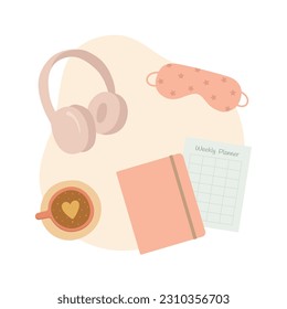 Self care elements set. Notebook, sleeping mask, cup of coffee and headphones. Vector illustration