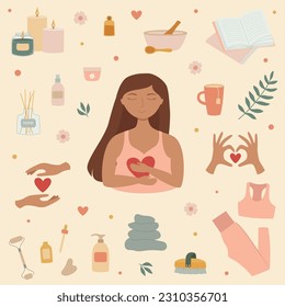 Self care elements set. Young girl hugs herself. Healthy habits for wellbeing. Body positive, mental health, self care, love yourself concept. Vector illustration