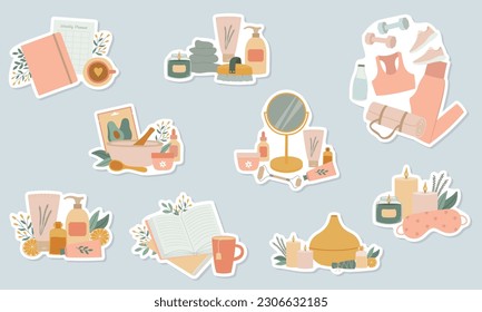 Self care elements stickers set. Cosmetic products and tools, sport equipment, books and diary. Isolated vector illustration 