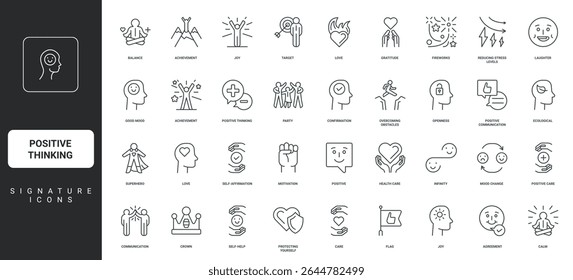 Autocuidado, empatia e amor, gratidão fino preto esboço símbolos ilustração vetorial. Pensamento positivo, humor feliz e emoções, paciência de estilo de vida saudável, conjunto de ícone de linha de psicologia.