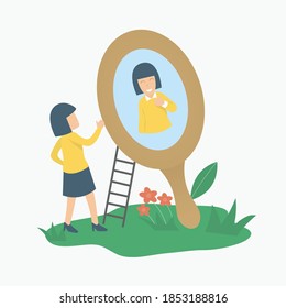 self care and self esteem concept,woman or girl looks in the mirror and smiles at herself,Stay positive and self confidence,Vector illustration.