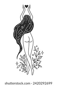 Self care Feminine vector Illustrations. Mental Healthcare. The woman Balance harmony. Card, valentines card. Doodle style