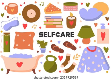 Self care flat cartoon set. This vivid illustration shows the things you need to keep your body beautiful and healthy. Vector illustration.
