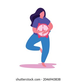 Self care flat icon of woman standing in asana with clock in hands vector illustration