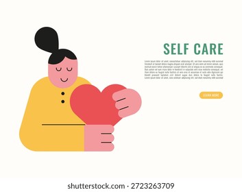 Cuidado personal. Ilustración moderna plana de una mujer que sostiene un corazón, que representa el cuidado personal, el amor propio, la salud mental, el bienestar y el concepto de equilibrio emocional con un diseño de personaje simple.