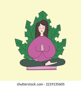 Self care. Flat style. Girl is sitting in a lotus position. Trendy vector concept of fitness studio, meditation.