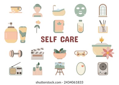 Self Care Flat Vector Illustration Icon Sticker Set Design Materials