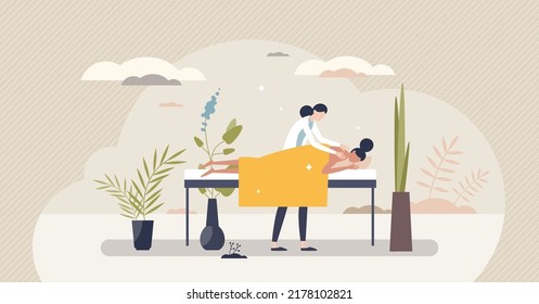 Self care and getting massage in SPA masseur saloon tiny person concept. Professional body treatment with oils and creams for relaxation and calm skin vector illustration. Female in wellness center.
