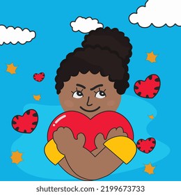 Self care girl character illustration with hugging heart vector