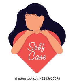 Self care. The girl hugs her heart as a sign of self-love