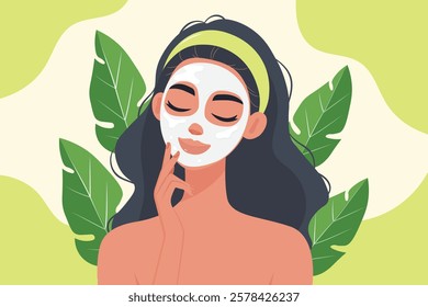 Self Care Glow Girl with a Face Mask Enjoying a Relaxing Beauty Ritual flat vector illustration