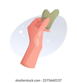 Self care. Gouache scraper in woman's hand for face massage.  Beauty, skin care concept. Vector illustration for banner, card or poster.