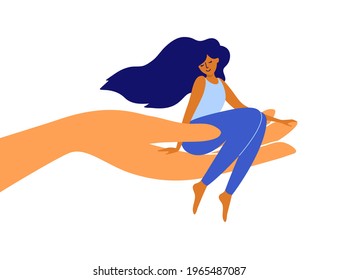 Self care, help and support concept. Love yourself. Happy woman with long hair sitting on palm. Human hand holding smiling girl. Self development, wellbeing, growth. Helping hand vector illustration