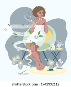 Self care at home concept. Woman has inhalation aromatherapy treatment procedures by herself. Great wellness of respiratory health. African lady in bathroom gets beauty treatment with massage