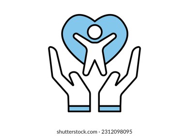 Self care icon. hand, heart and man. icon related to healthy living, yoga, meditation, relaxation. Two tone icon style design. Simple vector design editable