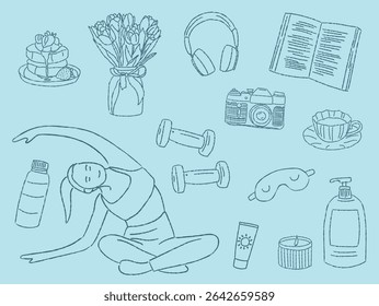 Conjunto de iconos de autocuidado, salud mental dibujada a mano para la felicidad y la Asistencia emocional