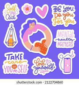 Self care icons and stickers collection. Love, self care, relax, slow life concept. Cute girl holding heart. Heart, music, candle and lettering elements. Set of flat cartoon vector illustrations