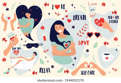 Self care icons and stickers. Love, self care, relax, slow life concept. Cute girl hugging herself. Heart shapes and lettering elements. Set of flat cartoon vector illustrations isolated on white