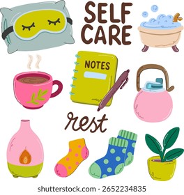 Self Care Illustration Set – Cozy and Relaxing Elements for Wellness and Mental Health