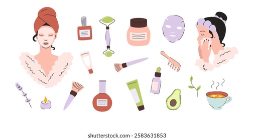 Self Care Illustrations. Skincare and Relaxation. Wellness Essentials. Me Time Concept.