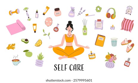 Self Care Illustrations. Yoga, Skincare and Relaxation. Wellness Essentials. Me Time Concept. 