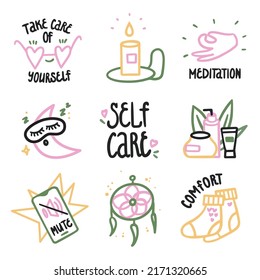 Self care image set. Vector cute doodles. Take care of yourself, candle, meditation, cream, dream catcher, warm socks, mute. Bingo game or checklist.