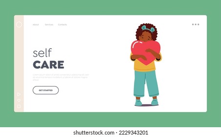 Self Care Landing Page Template. Little Child Holding Big Red Heart in Hands. Concept of Love, Donation, Organ Transplantation. Baby Girl Character. Cartoon People Vector Illustration
