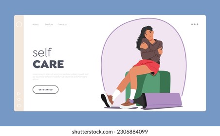 Self Care Landing Page Template. Sitting Woman Surrounded By Circle, Creating A Sense Of Unity And Connection, Female Character Finds Solace And Peace Within. Cartoon People Vector Illustration