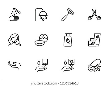 Self care line icon set. Shower, scissors, cream. Beauty care concept. Can be used for topics like hygiene, spa salon, daily routine