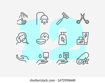 Self care line icon set. Shower, scissors, cream. Beauty care concept. Can be used for topics like hygiene, spa salon, daily routine