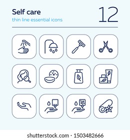 Ícone de linha de cuidado automático definido. Chuveiro, tesoura, creme. Conceito de cuidados com a beleza. Pode ser usado para tópicos como higiene, salão de spa, rotina diária