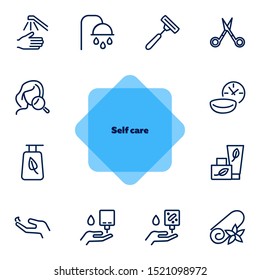 Self care line icon set. Shower, scissors, cream. Beauty care concept. Can be used for topics like hygiene, spa salon, daily routine