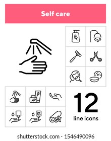 Self care line icon set. Shower, scissors, cream. Beauty care concept. Can be used for topics like hygiene, spa salon, daily routine