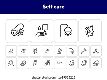 Self care line icon set. Shower, scissors, cream. Beauty care concept. Can be used for topics like hygiene, spa salon, daily routine