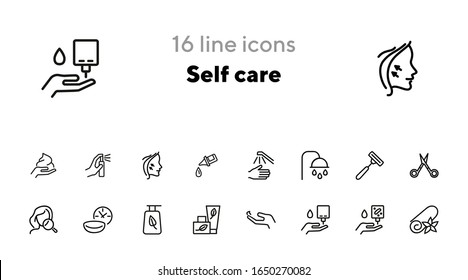 Self Care Line Icon Set. Shower, Scissors, Cream. Beauty Care Concept. Can Be Used For Topics Like Hygiene, Spa Salon, Daily Routine