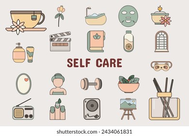 Self Care Lineal Color Vector Illustration Icon Sticker Set Design Materials