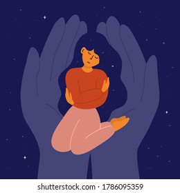 Self care, love, acceptance concept. Woman with closed eyes sitting on knees, embracing yourself. Mental health issue, feeling of frustrated, anxiety. Universe inside. Helping hand vector illustration