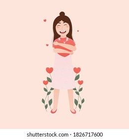 Self care and love concept with cute girl holding heart and love flowers on pink background in cartoon style for posters