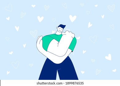 Autocuidado, amor propio y concepto de estima. Joven hombre sonriente personaje de caricatura parado y abrazándose se siente feliz y positivo solo de estar orgulloso de fondo azul con corazones