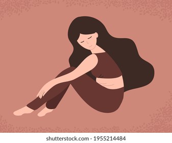 Self care, love your body. Cute girl smiling and hugging her legs. Body positive poster. Slow life, healthcare concept. Vector illustration in flat style