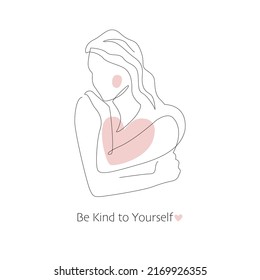Self care  love your body concept  Cute girl hugging herself  Continuous line vector illustration young woman  Body positive  slow living  healthcare poster